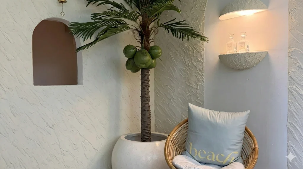 Beach-inspired spa decor with palm and arches
